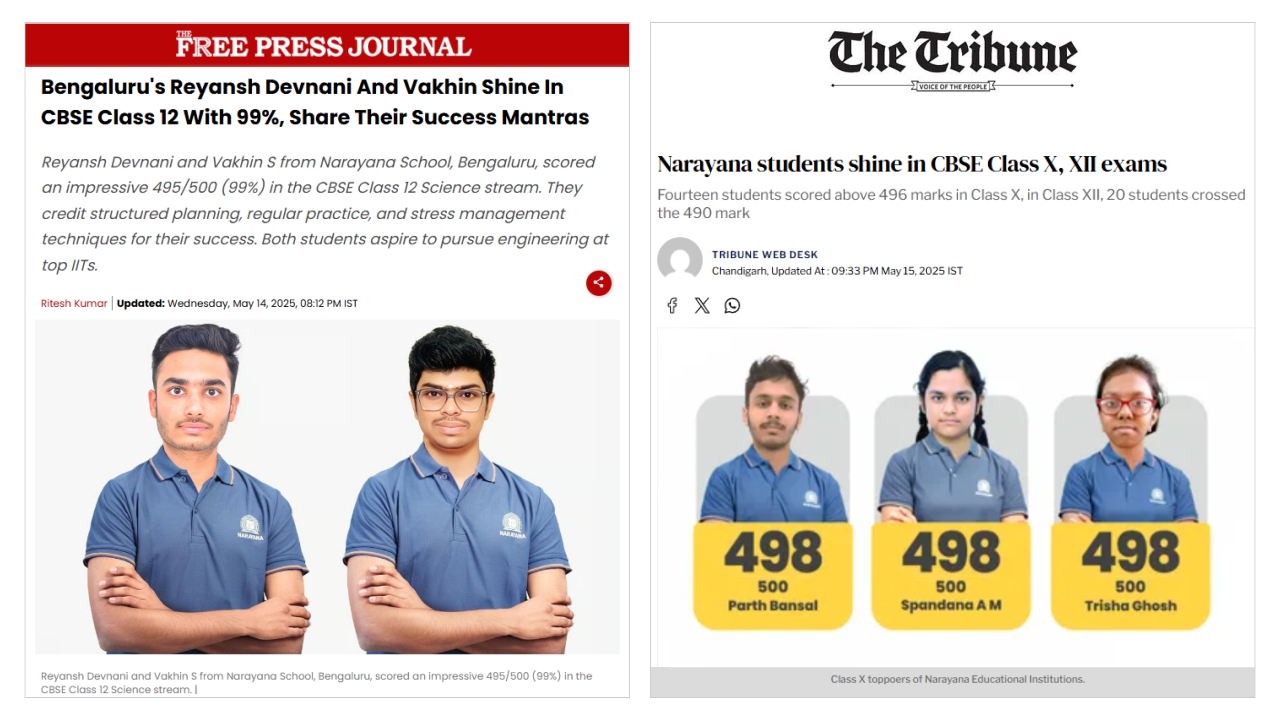 Narayana Students Shine in CBSE 2025 Exams: Exceptional Results Featured in Leading Media