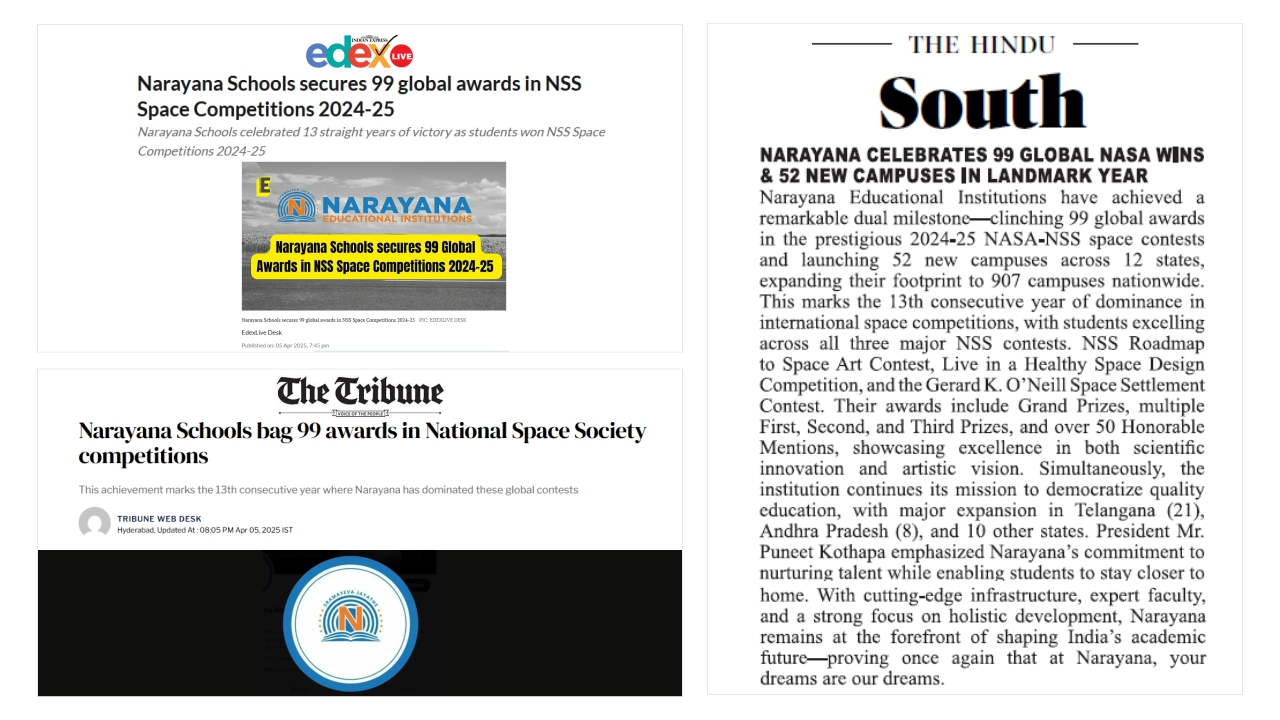 Narayana Schools Dominate Global NSS Space Competitions with Unmatched 99 Awards: Featured in Leading National Media