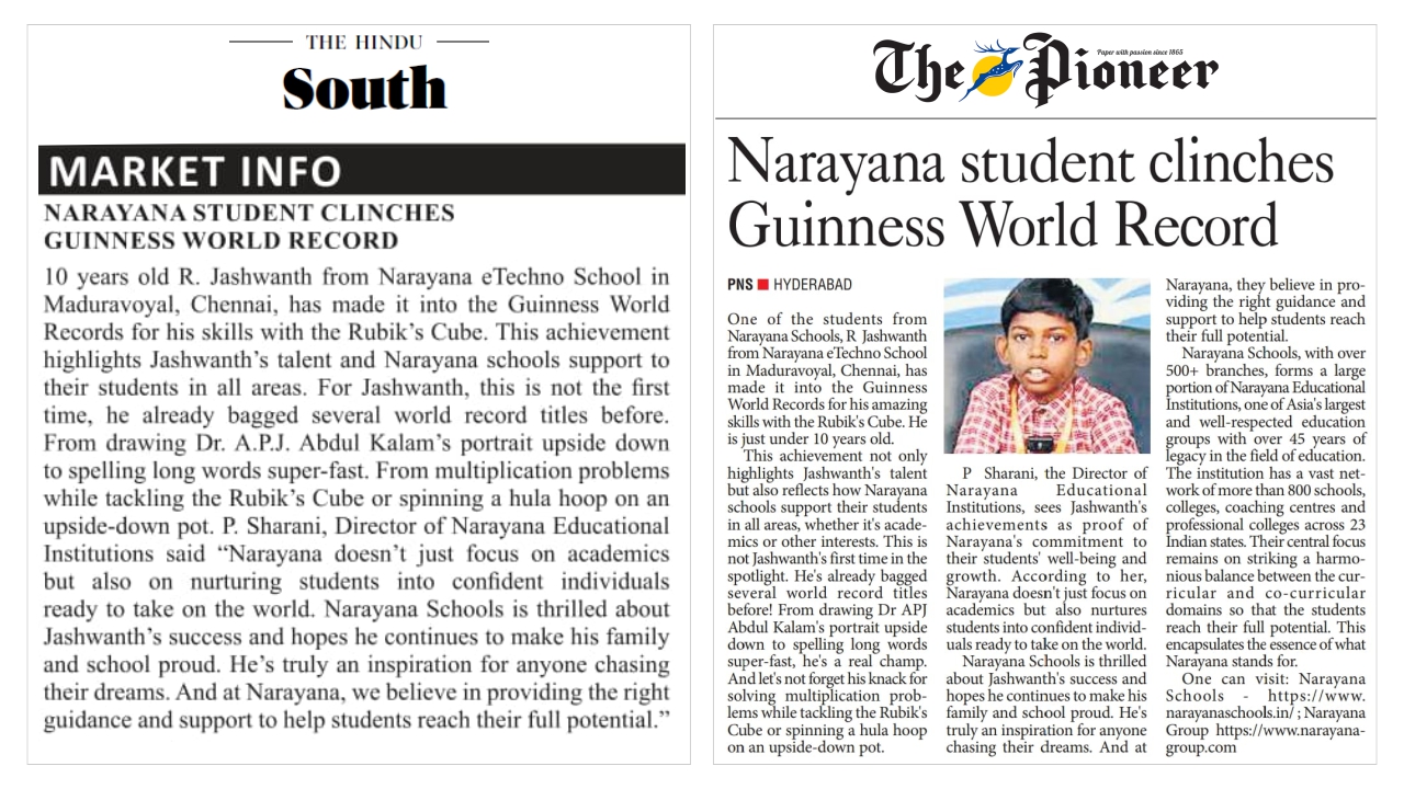 Narayana Student R. Jashwanth Earns Guinness World Record for Rubik’s Cube Mastery